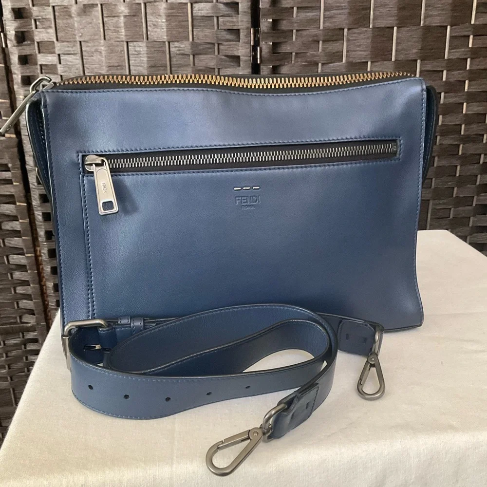 Fendi Men’s Leather Messenger Bag Navy blue